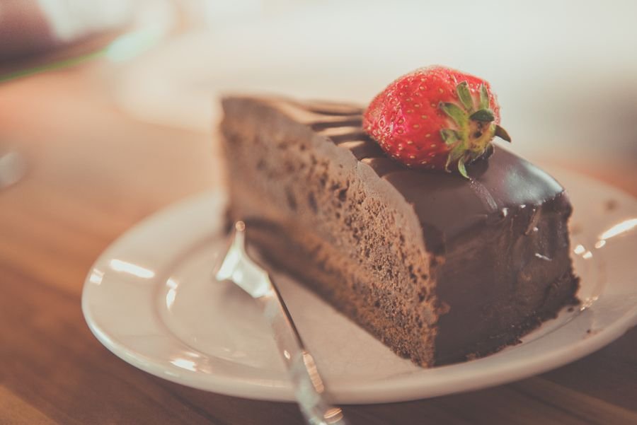 Chocolate fudge cake slice with ganache