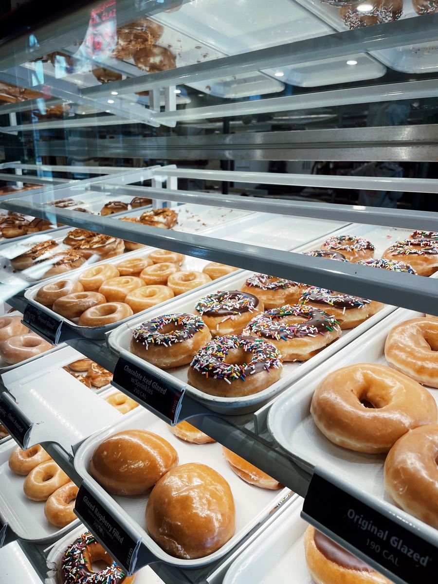 Fresh donuts in the bakery display